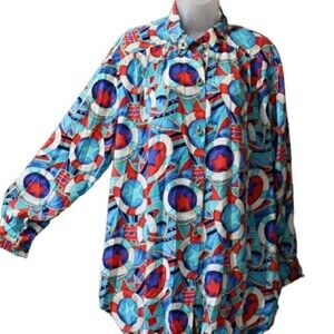 Maggie Sweet Vintage Nautical Grandma Print Blouse Medium Rope Buttons USA